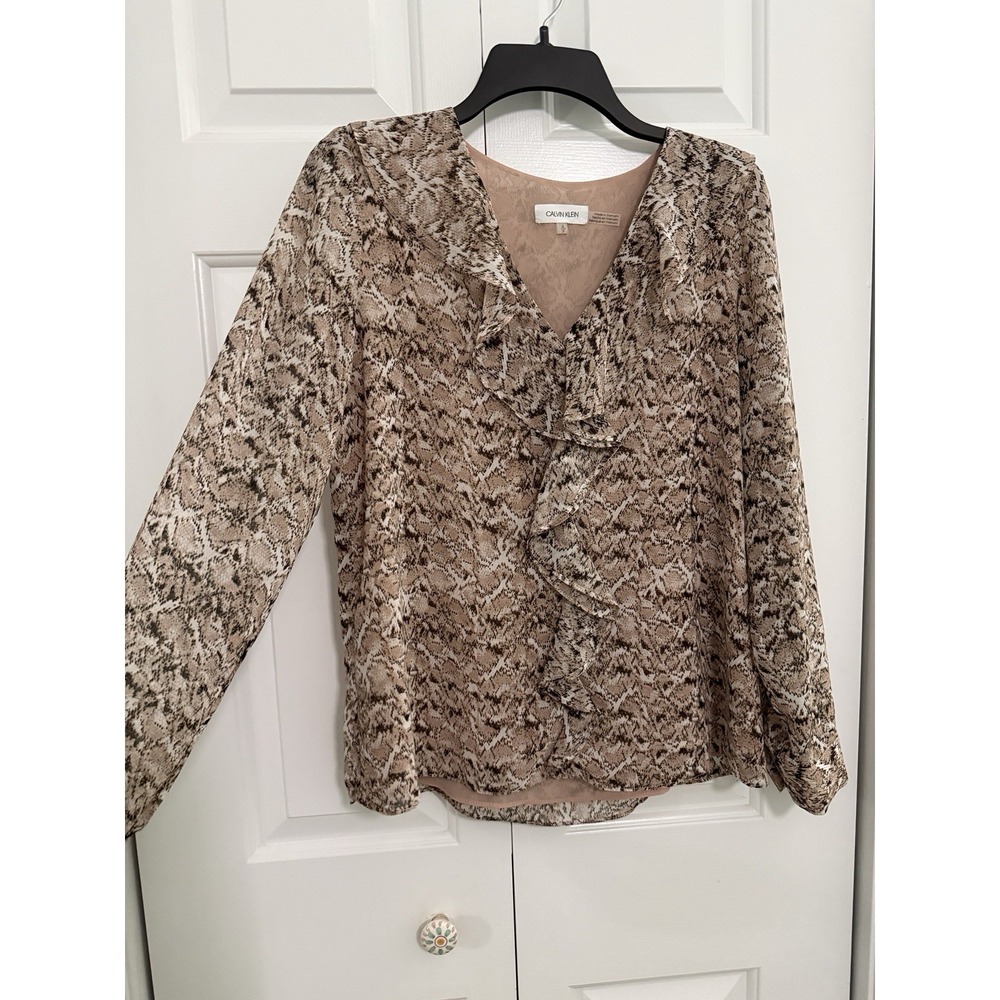 Calvin‎ Klein Snake Pattern Pink Ruffle Long Sleeve Blouse S